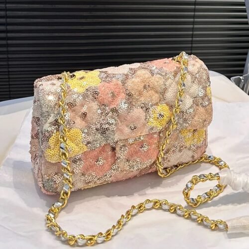 Shiny Sequin & Floral Embroidered Flap Shoulder Bag