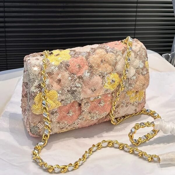Shiny Sequin & Floral Embroidered Flap Shoulder Bag