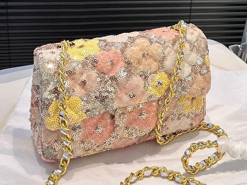 Shiny Sequin & Floral Embroidered Flap Shoulder Bag