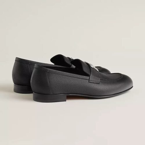 Black Leather Hermès Loafer with Silver-Tone H Buckle