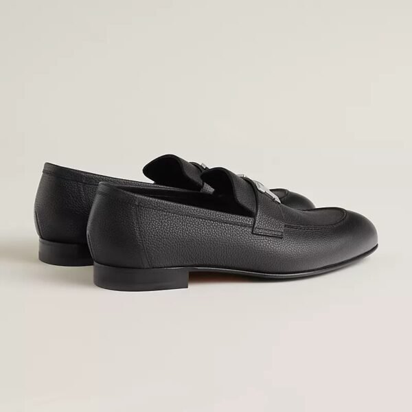 Black Leather Hermès Loafer with Silver-Tone H Buckle
