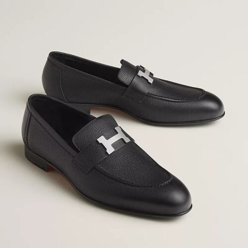 Black Leather Hermès Loafer with Silver-Tone H Buckle