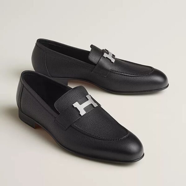 Black Leather Hermès Loafer with Silver-Tone H Buckle
