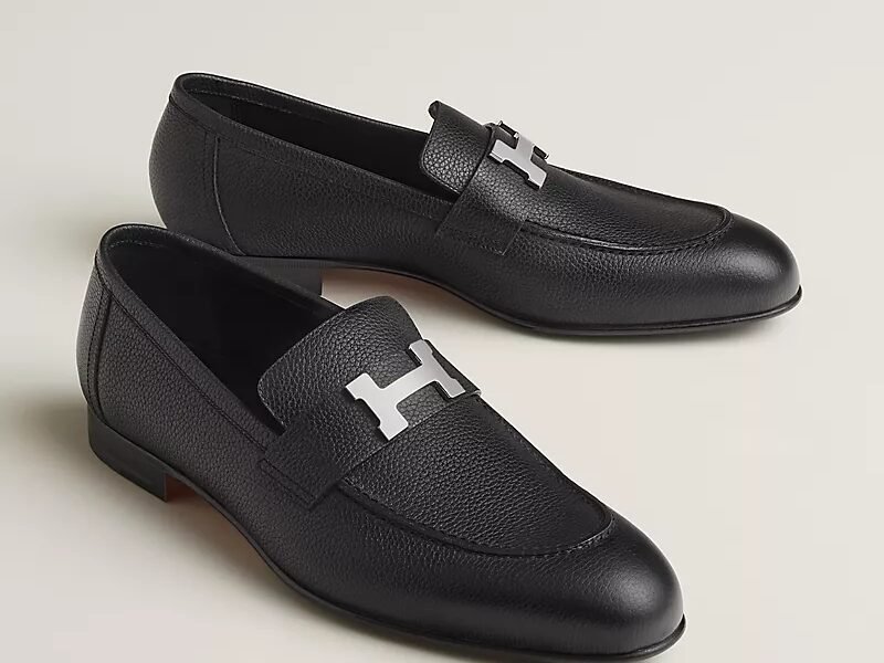 Black Leather Hermès Loafer with Silver-Tone H Buckle
